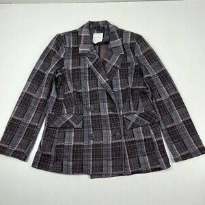 Avec Les Filles Blazer Womens Large Gray Plaid Double Breasted Jacket Workwear